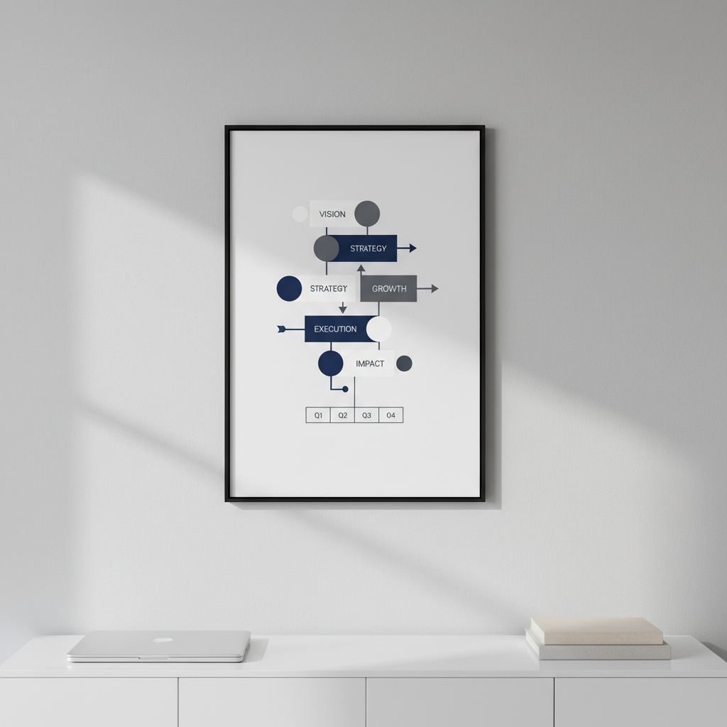 A minimalist, wall-mounted leadership roadmap displayed as a series of clean, geometric shapes in muted navy, charcoal, and soft white, printed on matte heavyweight paper and framed in thin black metal. The roadmap hangs on a light gray wall above a streamlined white credenza with a single closed laptop and a neatly stacked pair of neutral-toned books, suggesting organized strategic thinking. Soft diffused daylight enters from an unseen window to the left, casting gentle gradients of light and subtle shadows along the wall. The composition follows the rule of thirds, with the roadmap slightly off-center for visual interest. Shot straight-on with sharp focus throughout, the atmosphere feels orderly, intentional, and aspirational. The style is photographic, clean-lined, and corporate, reinforcing clarity and long-term impact.
