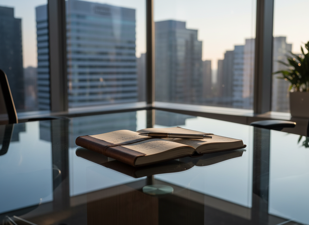 A sleek, glass-topped conference table with a single open leather-bound notebook and a brushed metal pen precisely aligned at its center, symbolizing strategic planning and intentional leadership. The table sits in a high-floor corner office with floor-to-ceiling windows revealing a softly blurred corporate skyline in neutral grays and blues. Late afternoon natural light floods the room, creating clean reflections on the glass surface and crisp, directional shadows along the table’s edges. The mood is focused, calm, and professional. Photographed at eye level with a slight diagonal orientation, using a shallow depth of field to keep the notebook in sharp focus while the background gently fades. The overall style is photographic realism with a clean, modern corporate aesthetic and balanced, structured composition.